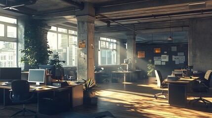 Leinwandbilder - Sunlit modern office interior with desks, computers, plants, and city view.