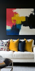 Wall Mural - A couch with pillows on it and a painting on the wall. The couch is white and the pillows are yellow and blue