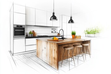 Canvas Print - A simple drawing of a modern kitchen island with stools, placed on a clean white background for a minimalist feel