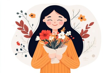 Poster - A simple flat design of a girl in a khaki shirt dress, smiling and holding a bouquet of flowers, on a clean white background