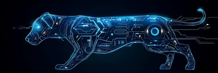 Poster - Futuristic robotic dog, glowing blue digital circuits, dark background.