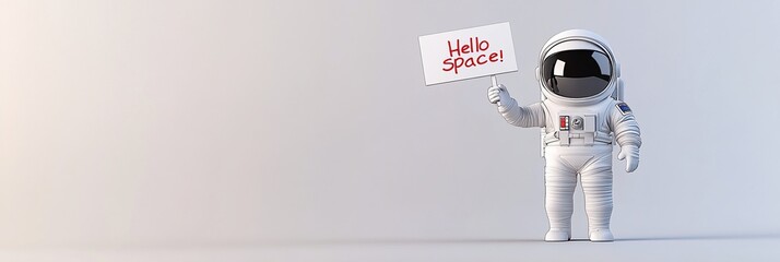 Poster - Cute cartoon astronaut holding a sign saying 'Hello Space!' against a white background.