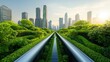 © MAY - A modern city skyline with green roofs, solar panels on buildings, and vertical gardens, representing sustainable urban planning and the integration of green infrastructure in urban environments.