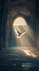 Sticker - A serene moment captured as a bird takes flight in a sunlit, ethereal space. Soft rays illuminate ancient architectural details, creating a tranquil atmosphere.