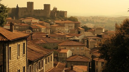 Aufkleber - Panoramic view of a historic European town with a medieval castle in the background, featuring terracotta rooftops and stone buildings under a hazy golden sunlight.