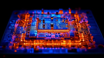 Poster - Close-up of illuminated circuit board with central processor, showcasing intricate electronic components and vibrant colors.