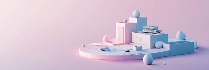 Poster - Abstract pastel pink and blue 3D geometric shapes on a platform.