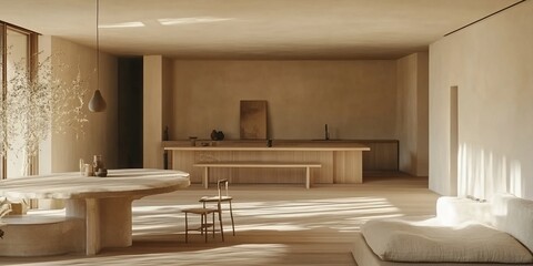 Aufkleber - Minimalist open-plan living space with light wood floors, neutral walls, and a large round dining table.