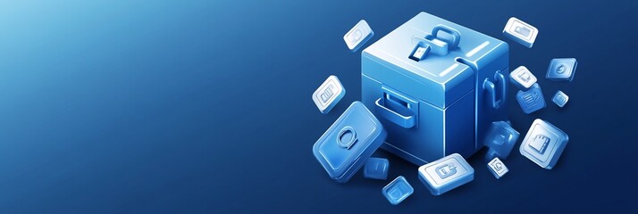 Poster - 3D illustration of a blue suitcase with smaller blue boxes floating around it, symbolizing data storage or digital assets.