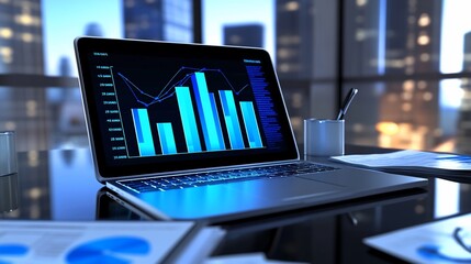 Aufkleber - Laptop displaying financial charts and graphs in a modern office at night.