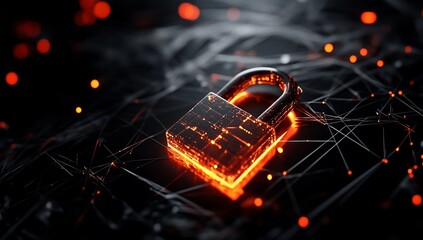 Poster - Glowing padlock on digital network; cybersecurity concept.