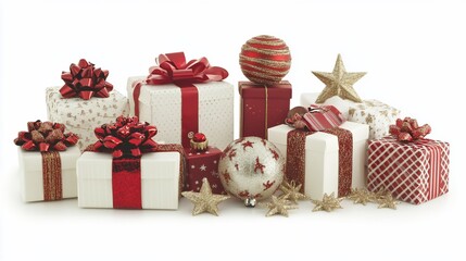 Poster - Christmas gifts, red and white wrapping paper, bows, ornaments, stars, isolated on white background.