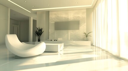 Wall Mural - Elegant minimalist living room featuring modern furniture, large windows, and abundant natural light.