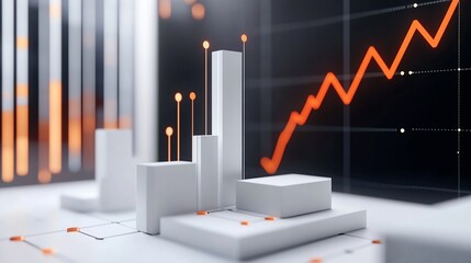 Leinwandbilder - 3D render of upward trending graph with white cubes and orange data points.