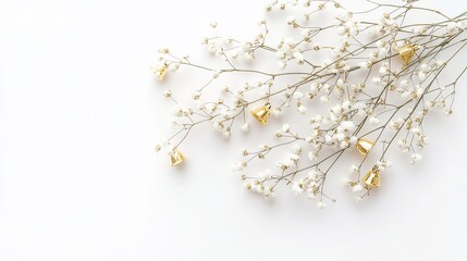 Aufkleber - White flowers and gold bells on white background.