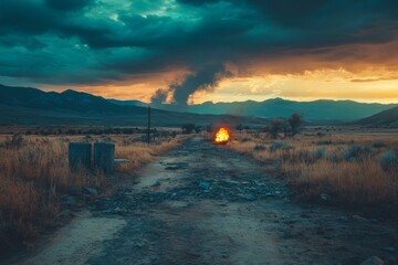 Wall Mural - Dramatic sunset illuminates smoke rising from a distant fire along a rugged dirt road in the countryside