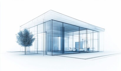 Poster - Architectural blueprint of a modern glass house with a tree. (1)