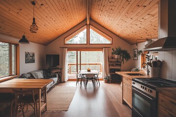 Aufkleber - Cozy cabin interior with wood accents, high ceilings, and large windows overlooking a forest.