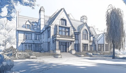Poster - Architectural sketch of a large, luxurious house with stone facade, multiple windows, and a grand entrance, surrounded by landscaping.