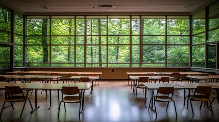 Poster - Empty classroom with large windows overlooking lush green forest.
