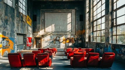 Aufkleber - Sunlit abandoned cinema with red seats and graffiti.