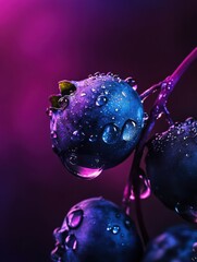 Wall Mural - Close-up of fresh blueberries with water droplets surrounded by a vibrant purple background in soft lighting during evening hours