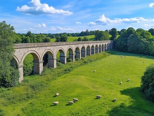 Aufkleber - Long stone aqueduct spanning green pasture with sheep under a blue sky.