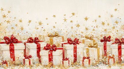 Poster - Festive Christmas gifts with red and gold ribbons, sparkling stars, and confetti on a cream background.