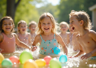 Group of happy children playing with balloons in water on summer day