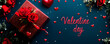 © VictoriaEmerson - Red roses, gift box, small hearts and valentine day greeting on dark blue background celebrating love and romance