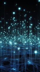 Canvas Print - a stunning abstract image featuring glowing blue light particles and vertical lines on a dark backgr