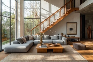 Aufkleber - Sunlit modern living room with large windows, wooden staircase, sectional sofa, and coffee table.