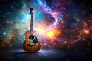 Wall Mural - Minimalist Cosmic Acoustic Guitar in Glowing Nebula Lights - Stock Photo