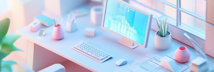 Poster - Pastel minimalist workspace with computer, keyboard, mouse, plant, and stationery.