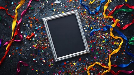 Poster - Blank frame surrounded by colorful ribbons and confetti on dark background.