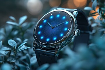 Elegant wristwatch with luminous dial, nestled amongst foliage.  A sophisticated timepiece.