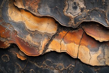 Aufkleber - Close-up of layered rock formations with orange, brown, and black hues, showing texture and patterns.