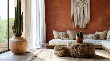 Aufkleber - Sunlit bohemian living room with terracotta wall, cactus plants, woven furniture, and white cushions.