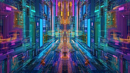 Poster - Abstract digital art depicting a vibrant, symmetrical, futuristic cityscape with glowing neon colors and intricate details.