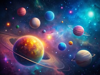 Wall Mural - Minimalist Majestic Universe: Colorful Planets and Sparkling Stars