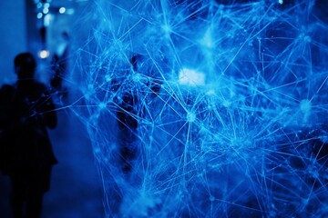 Aufkleber - Abstract blue network structure with blurred people in background.