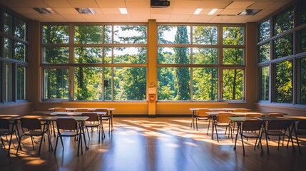 Leinwandbilder - Empty classroom with large windows overlooking lush green trees.