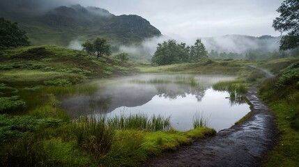 Fototapete - Misty morning landscape with calm water reflecting hills and a path.