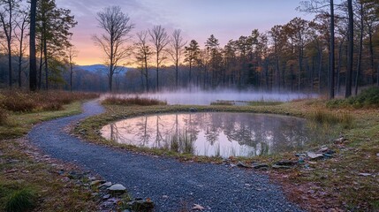 Poster - Serene sunrise over misty autumn pond with winding path.