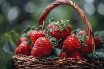 Wall Mural - Freshly harvested strawberries in a woven basket surrounded by lush green foliage under a light drizzle in a vibrant outdoor setting