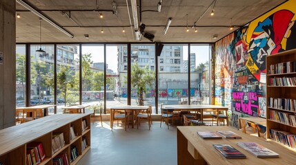 Aufkleber - Sunlit modern library interior with large windows, bookshelves, tables, and vibrant street art.