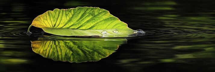 Poster - A single green leaf floats on calm water, its reflection mirrored perfectly.