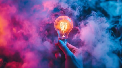Poster - Glowing lightbulb held in hand amidst vibrant smoke.
