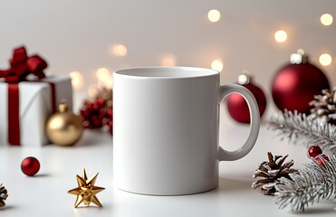 Wall Mural - White mug mockup surrounded by Christmas ornaments, gift, pine cones, and string lights on white background.