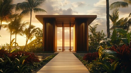 Aufkleber - Tranquil sunset view through a modern wooden pavilion pathway in tropical garden.